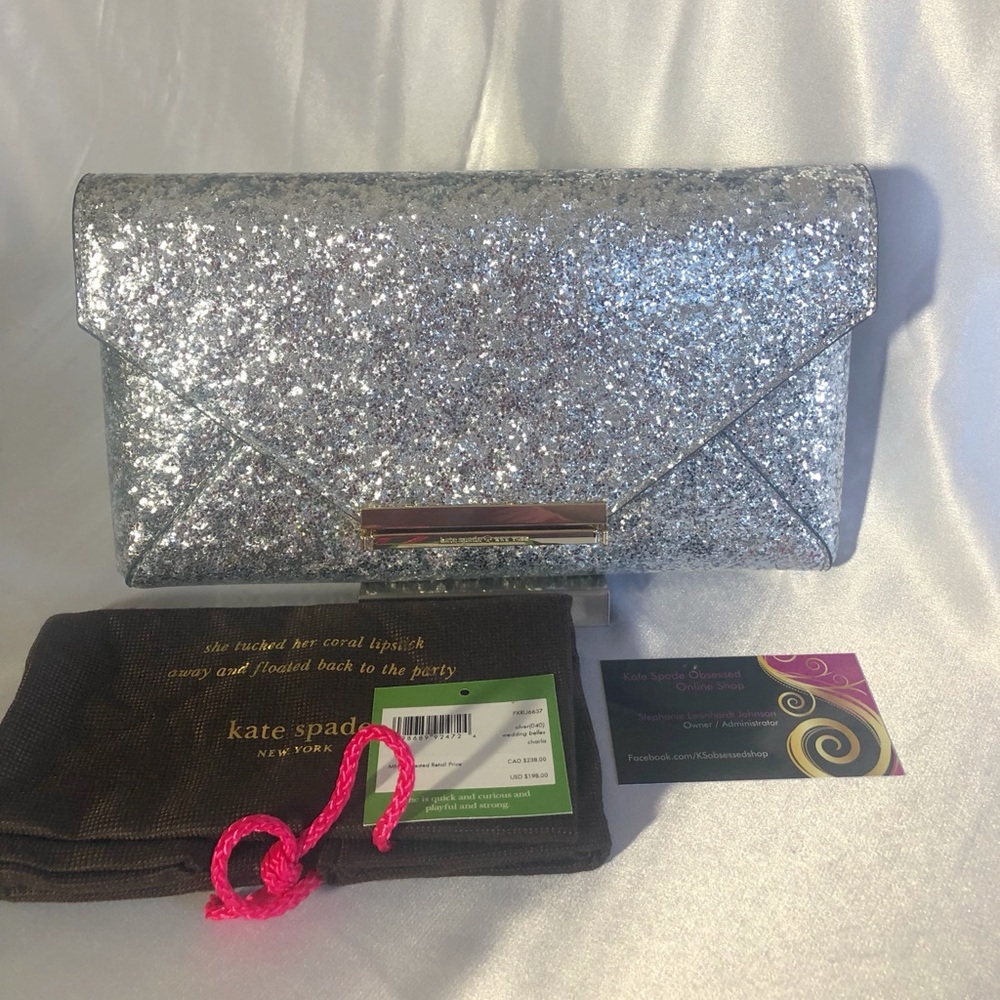 NWT Kate Spade Wedding Belles Charla Clutch Silver Glitter PXRU6637
